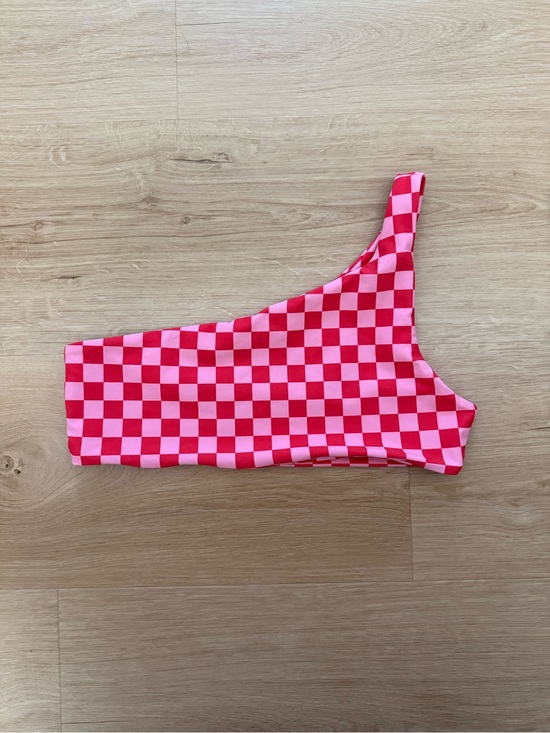 Skatie Other - Skatie Bikini TOP ONLY Daytona Pink & Red Checkered One-Shoulder top